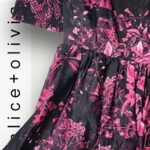 ALICE + OLIVIA EMMALOU FLORAL PRINT COTTON FAILLE MINI DRESS PINK BLACK MEDIUM 6 - Picture 12 of 14